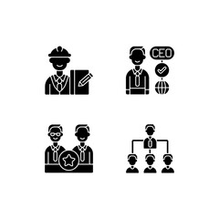 Organization hierarchy black glyph icons set on white space. Supervisor. CEO. Directors board. Hierarchy in business. Providing guidance and support. Silhouette symbols. Vector isolated illustration