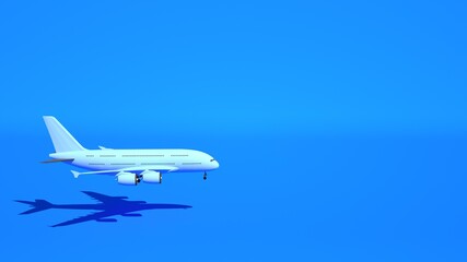 Fototapeta na wymiar Passenger plane flies on a blue background, 3d illustration. Airplane with a shadow from the salon, design element.