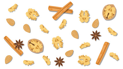 top view, view from above of flat lay food, walnut seed, cinnamon stick, raisin, almond, star anise, vector illustration