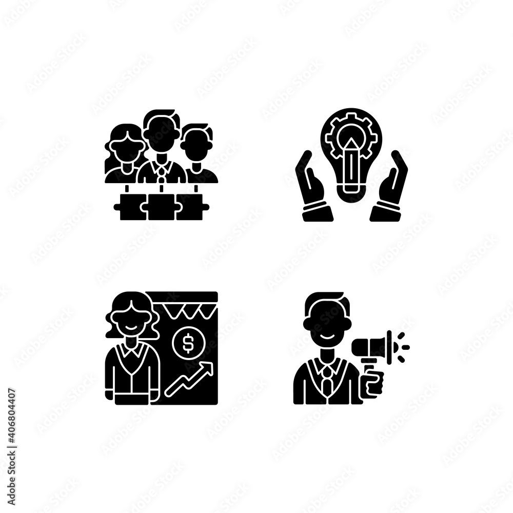 Poster hierarchical org structure black glyph icons set on white space. teamwork, collaboration. developmen