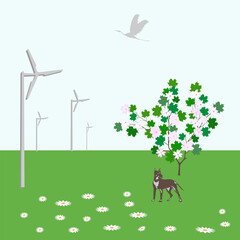 Obraz na płótnie Canvas Wind turbine, dog, wildflowers, flowering tree, flying bird - vector. Alternative energy. Clean energy.