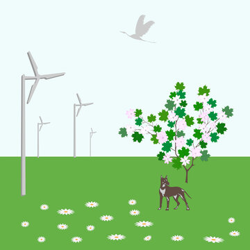 Wind turbine, dog, wildflowers, flowering tree, flying bird - vector. Alternative energy. Clean energy.