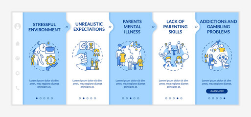 Parental emotional abuse onboarding vector template. Stressful environment. Unrealistic expectation. Responsive mobile website with icons. Webpage walkthrough step screens. RGB color concept