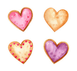 Valentine's day watercolor set with heart shaped desserts. Cookies with fruit filling and festive decor. Hand-drawn illustration. Perfect for your project, cards, prints, covers, menu, patterns.