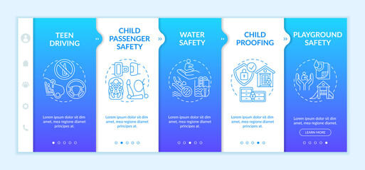 Children safety onboarding vector template. Teen driving. Child passenger safety. Childproofing. Responsive mobile website with icons. Webpage walkthrough step screens. RGB color concept