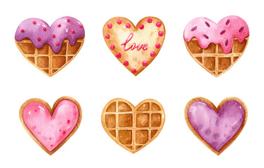 Valentine's day watercolor set with heart shaped desserts. Belgian waffles with glaze and sprinkles and without toppings, cookies with berry filling and festive decor. Perfect for cards, prints, menu.