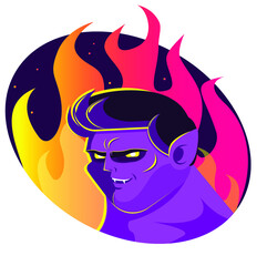A demon on fire. Monster icon on white background. Stock vector illustration. 