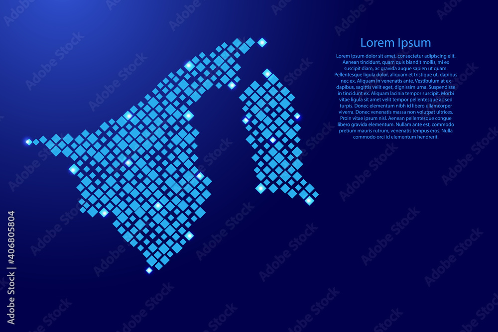 Poster brunei map from blue pattern rhombuses of different sizes and glowing space stars grid. vector illus