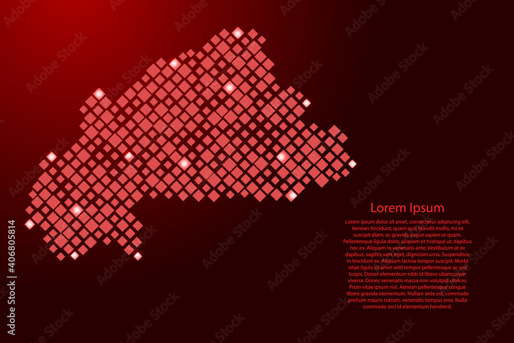 Poster burkina faso map from red pattern rhombuses of different sizes and glowing space stars grid. vector 