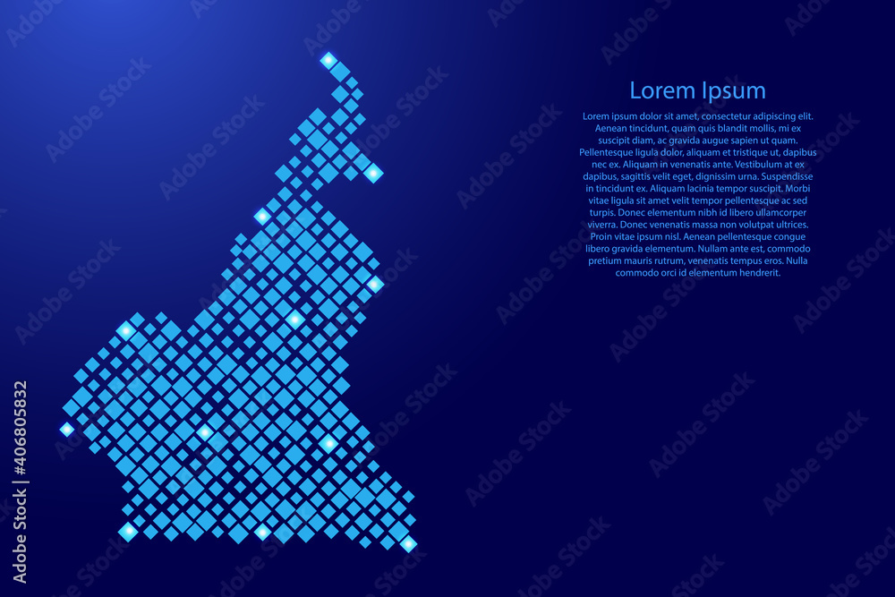 Poster cameroon map from blue pattern rhombuses of different sizes and glowing space stars grid. vector ill