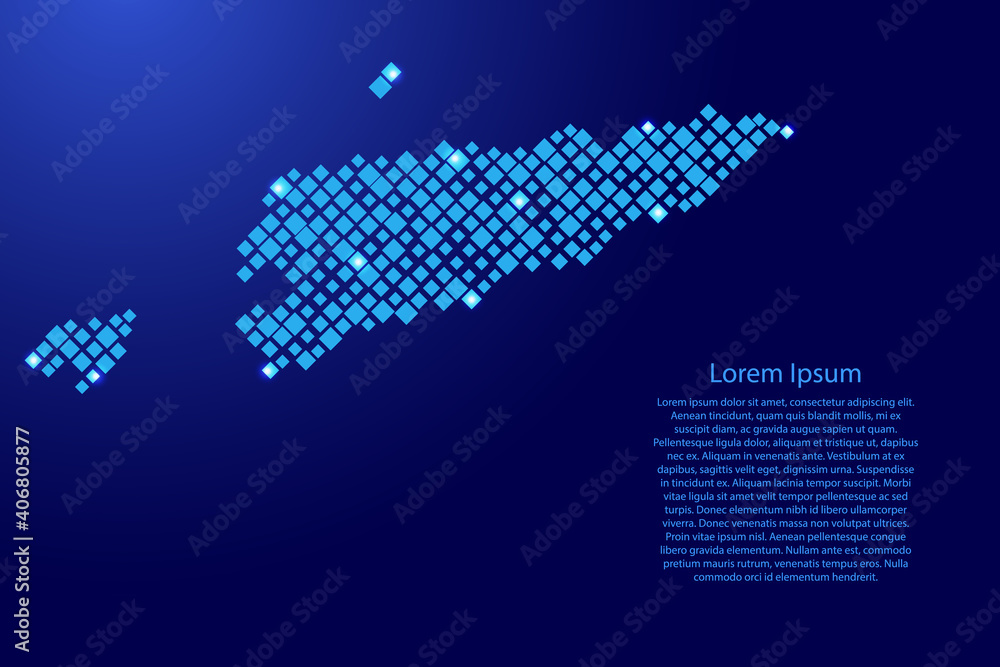 Poster east timor map from blue pattern rhombuses of different sizes and glowing space stars grid. vector i