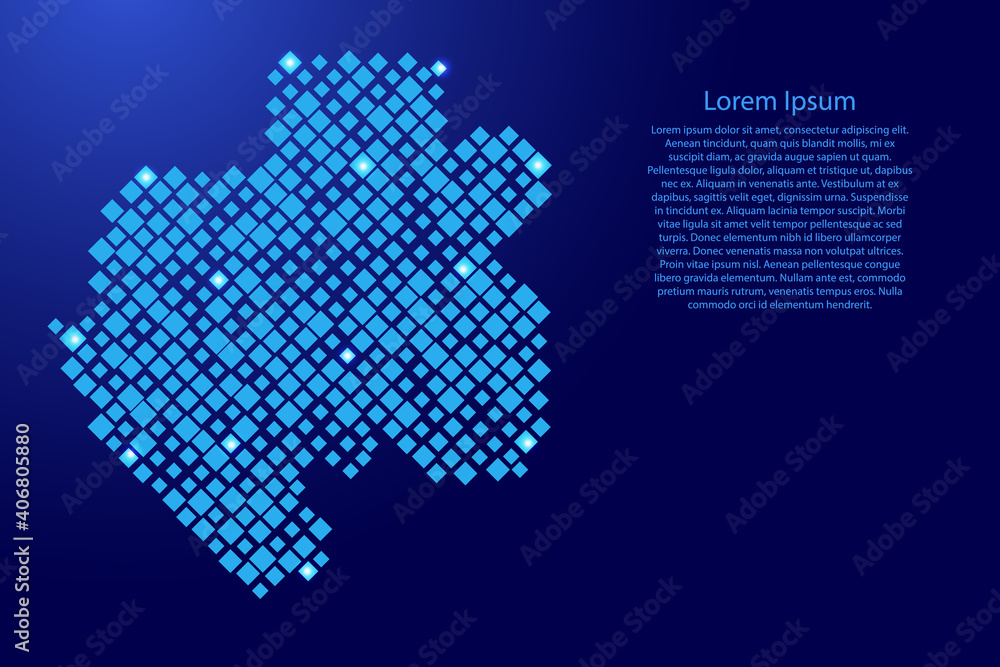 Poster gabon map from blue pattern rhombuses of different sizes and glowing space stars grid. vector illust