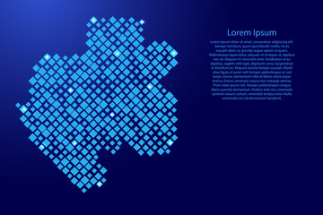 Gabon map from blue pattern rhombuses of different sizes and glowing space stars grid. Vector illustration.