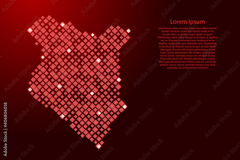 Poster kenya map from red pattern rhombuses of different sizes and glowing space stars grid. vector illustr