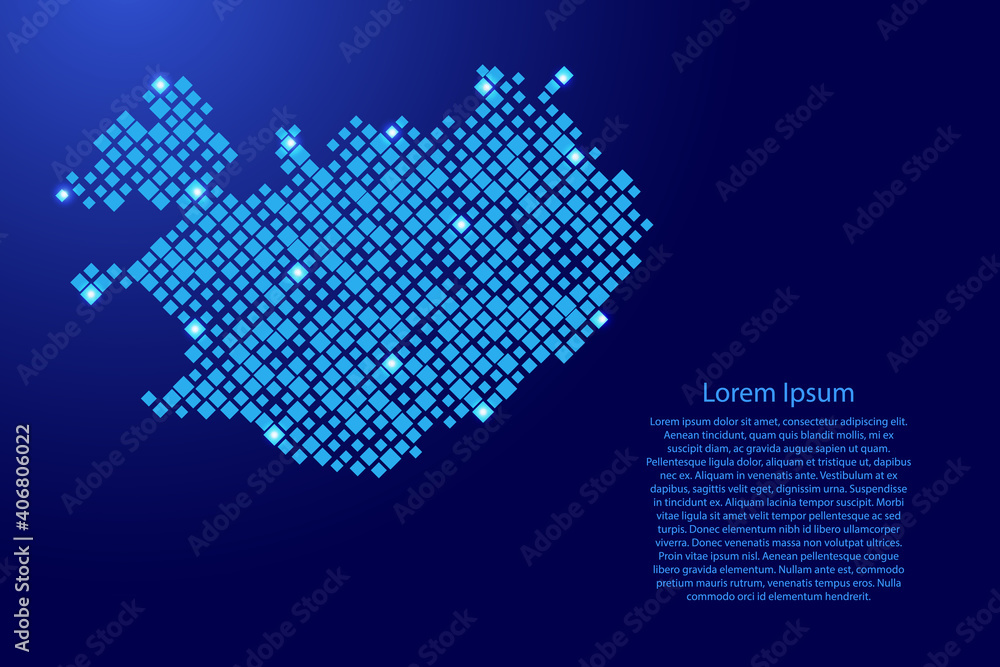 Poster iceland map from blue pattern rhombuses of different sizes and glowing space stars grid. vector illu