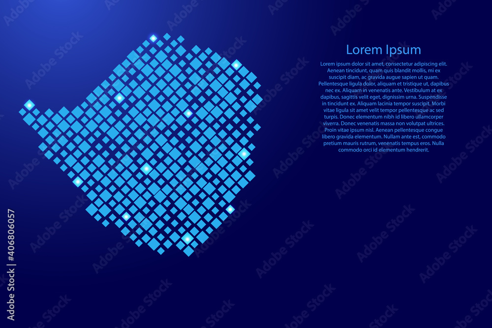 Poster zimbabwe map from blue pattern rhombuses of different sizes and glowing space stars grid. vector ill