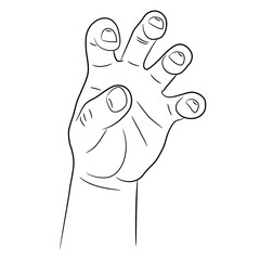Hand with grasping crooked fingers sketch draw from the contour black brush lines different thickness on white background. Vector illustration.