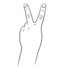 Hand with two fingers raised up sketch draw from the contour black brush lines different thickness on white background. Vector illustration.