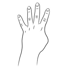 Hand with four fingers raised up sketch draw from the contour black brush lines different thickness on white background. Vector illustration.