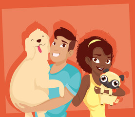 Woman and man with dogs mascots vector design