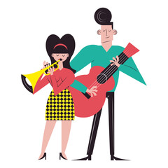 Romantic couple cartoons with trumpet and guitar vector design