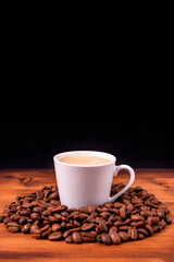 Homemade cafe fresh hot espresso in steam white mug cup brew from organic sustainable coffee shop drink roasted brown bean with recycle disposable paper package with refresh aroma