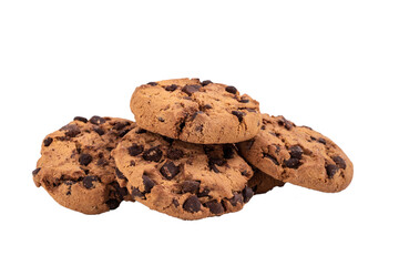 Isolated clipping path of die cut dark chocolate chip cookies piece stack and crumbs on white background of closeup tasty bakery organic homemade American biscuit sweet dessert