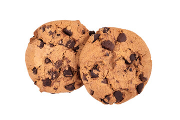 Isolated clipping path of die cut dark chocolate chip cookies piece stack and crumbs on white background of closeup tasty bakery organic homemade American biscuit sweet dessert