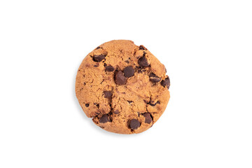 Isolated clipping path of die cut dark chocolate chip cookies piece stack and crumbs on white background of closeup tasty bakery organic homemade American biscuit sweet dessert