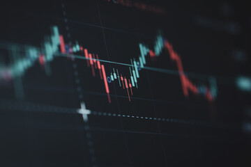 Shallow depth of field (selective focus) with details of a candlestick chart on a computer screen.