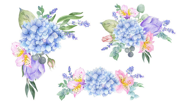 watercolor set with spring flowers