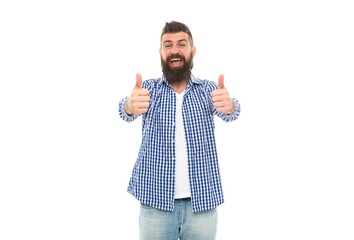 brutal bearded hipster in checkered shirt. happy mature man show thumb up