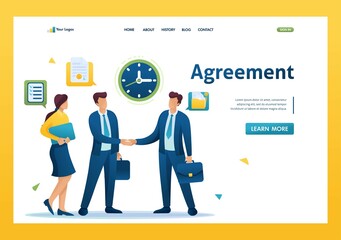 Businessmen of large companies sign an agreement and conclude a contract. Flat 2D landing page