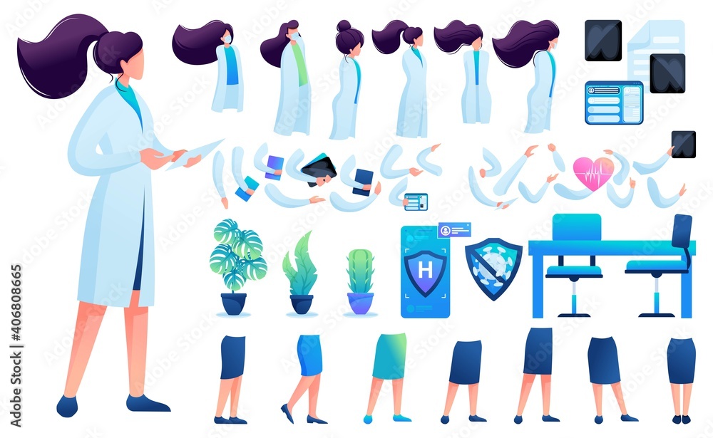 Poster constructor for creating a doctor women. create your own character with a set of hands and feet. fla