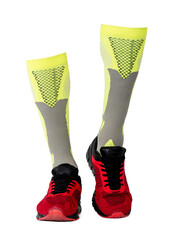 Yellow gaiters in red sneakers