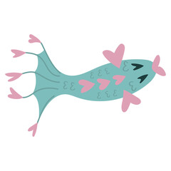 Vector fish in cartoon style. For decoration of festive items. Blue and pink colors. The fins and eyes in the shape of hearts. The view from the top.