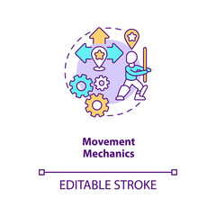 Movement mechanics concept icon. Game design industry benefits. Creating realistic hero movement. Game creation idea thin line illustration. Vector isolated outline RGB color drawing. Editable stroke