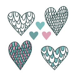 Set of vector hearts. For decoration of festive items. Ready-made hearts for design. Blue and pink colors, the texture of fish scales.