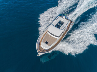 motor yacht in navigation aerial view