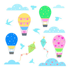 Obraz premium Flying on the sky collection with air balloons, clouds, kites and birds silhouettes. Cute cartoon clipart.
