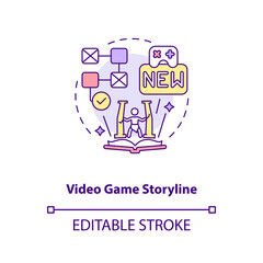 Video game storyline concept icon. Video game design components. Outline your story. Create your main characters idea thin line illustration. Vector isolated outline RGB color drawing. Editable stroke