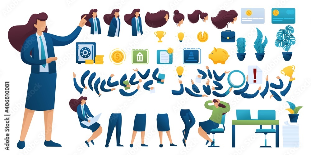 Aufkleber constructor for creating a businesswoman. create your own businesswoman character with a set of hand