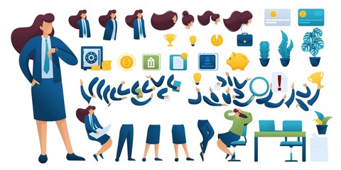 Fototapeta na wymiar Constructor for creating a Businesswoman. Create your own Businesswoman character with a Set of hands and feet. Flat 2D vector illustration N7