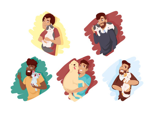 Men with dog and cats mascots set vector design