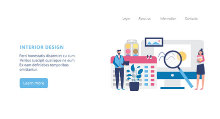 Website page for interior design with cartoon people flat vector illustration.