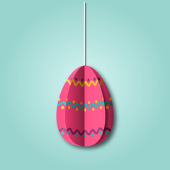 Happy Easter background with hanging pink decorated egg in cut paper style. Colored paper origami technique. Greeting card trendy design. Raster illustration
