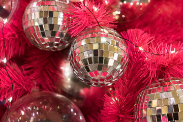 Christmas background. Christmas tree branches, gift, balls and stars