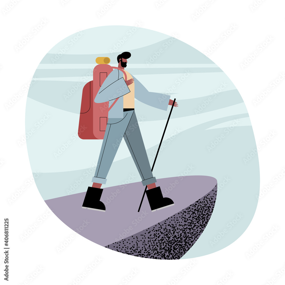 Wall mural Hiker man cartoon with bag and stick on cliff vector design