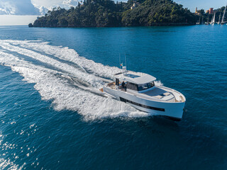 motor yacht in navigation aerial view