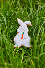 Easter composition with easter cookies rabbits on green grass background. Easter concept with copy space.